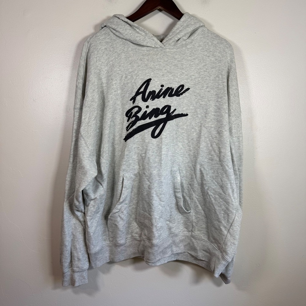 Anine Bing Harvey Oversized Logo Graphic Hoodie Size Large Heather Grey
